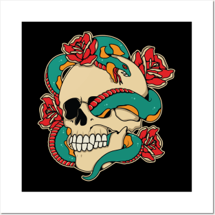 skull with snake and rose illustration Posters and Art